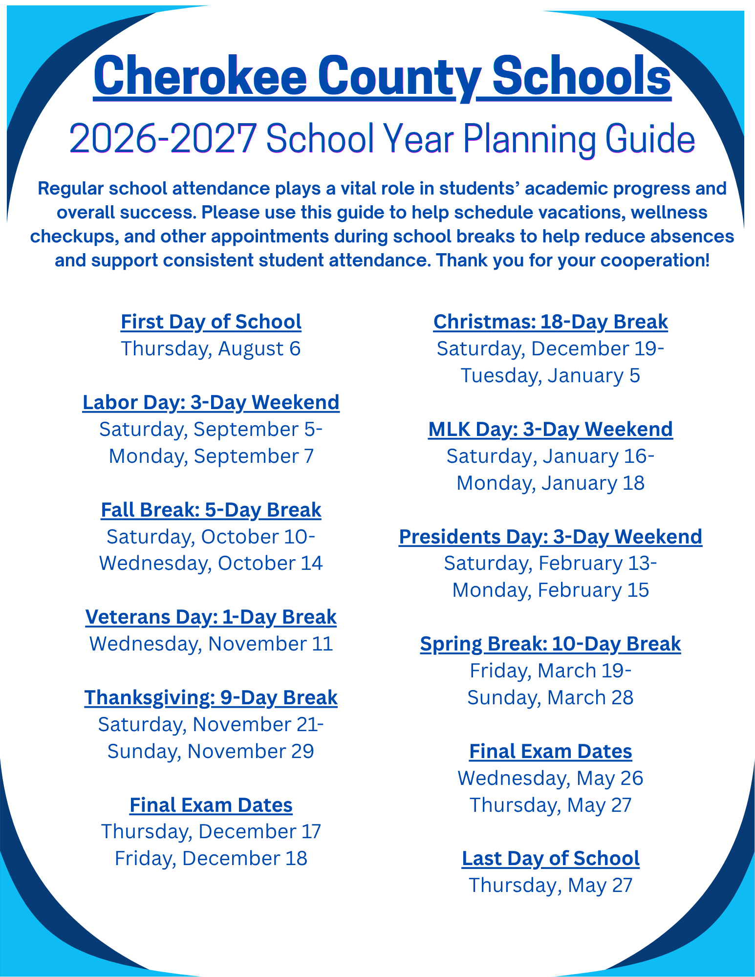Calendar Dates we are out of school: Labor Day: 3-Day Weekend Saturday, August 30- Monday, September 1  Fall Break: 5-Day Break Saturday, October 11- Wednesday, October 15  Veterans’ Day: 1-Day Break Tuesday, November 11  Thanksgiving: 9-Day Break Saturday, November 22- Sunday, November 30  Christmas: 17-Day Break Saturday, December 20- Monday, January 5
